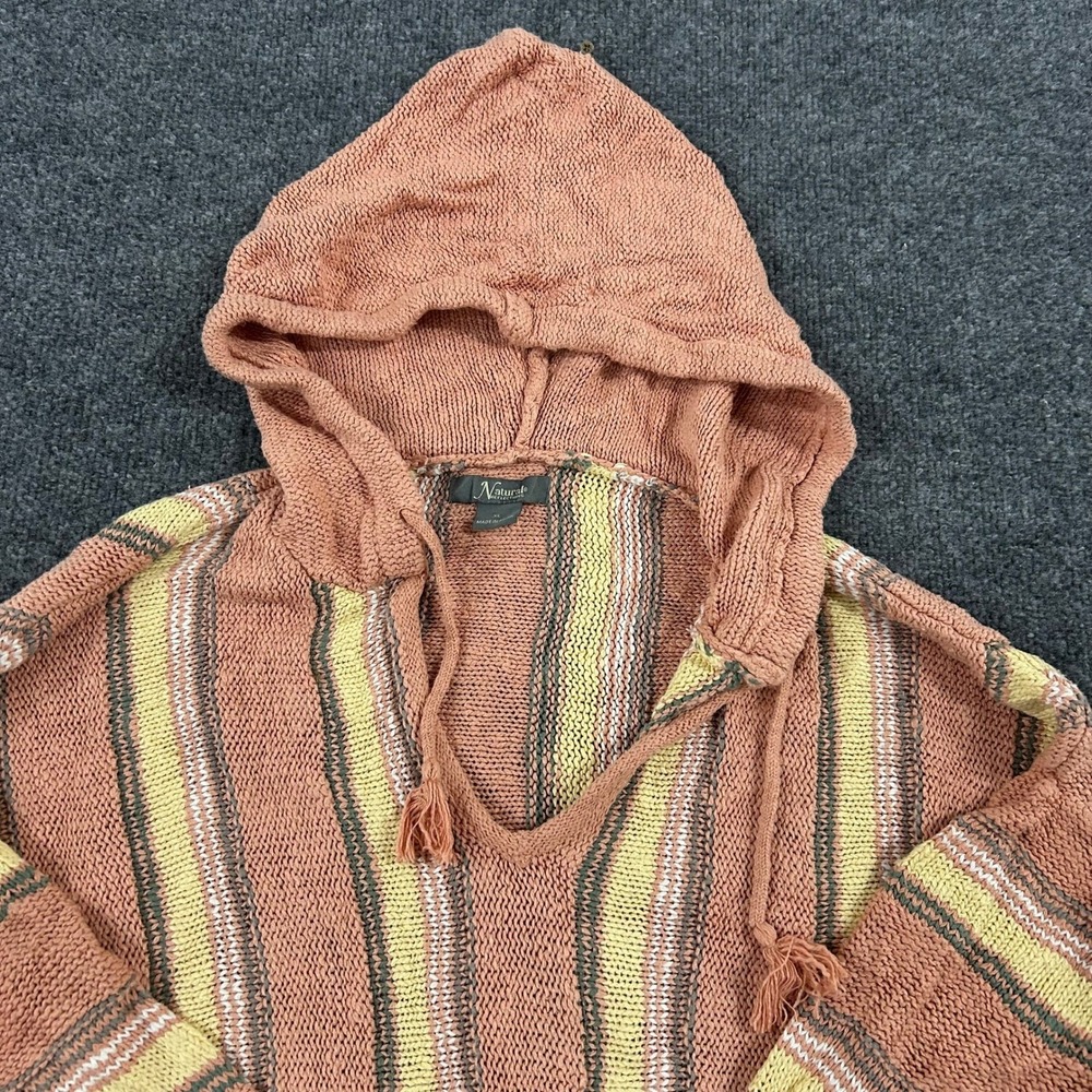 Natural Reflections Sweater Womens XL Peach Striped Cotton Knit Hooded Baja Boho